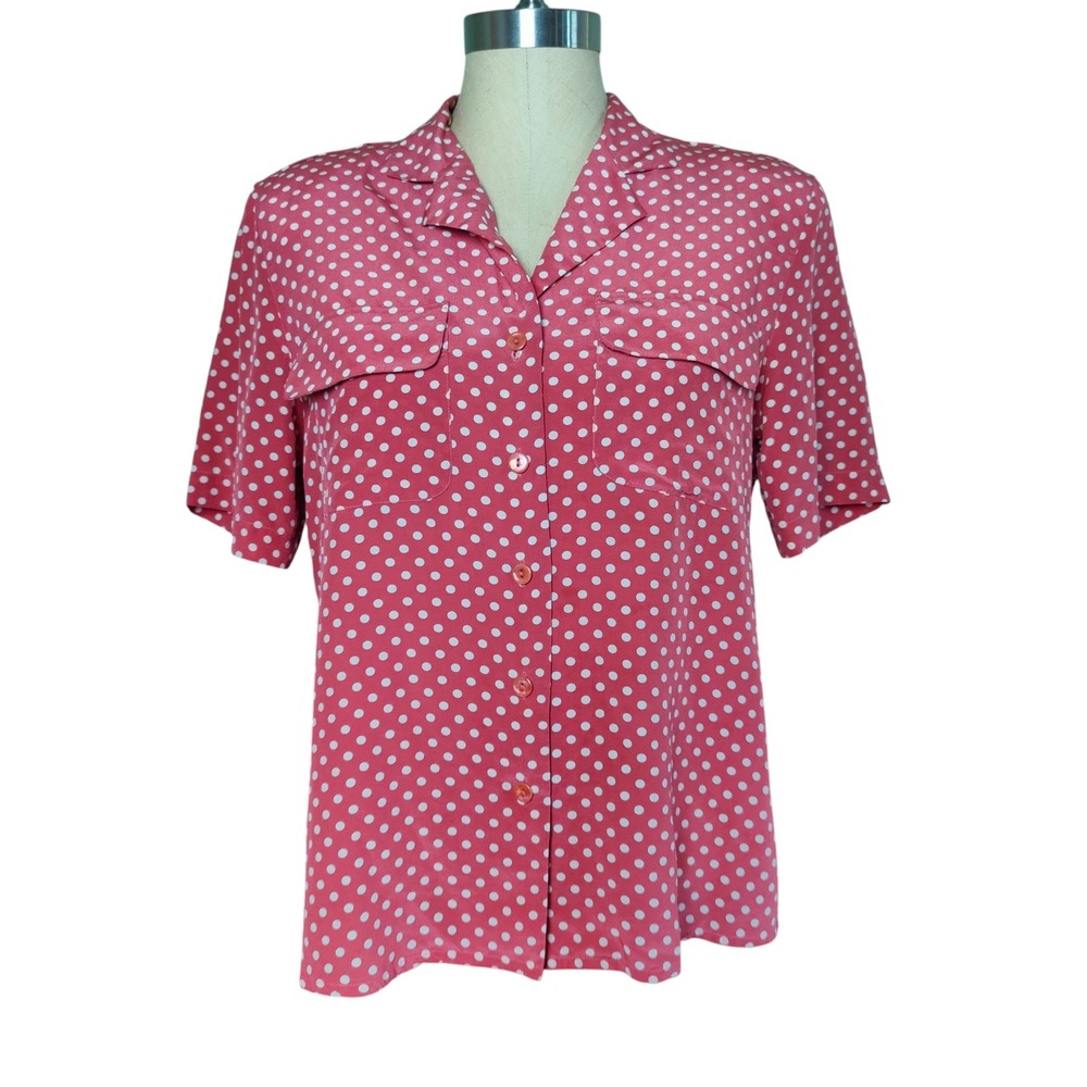 Vintage 90s Silk Pink Polka Dot Button Down Blouse Boxy Small Twee Natural Fiber